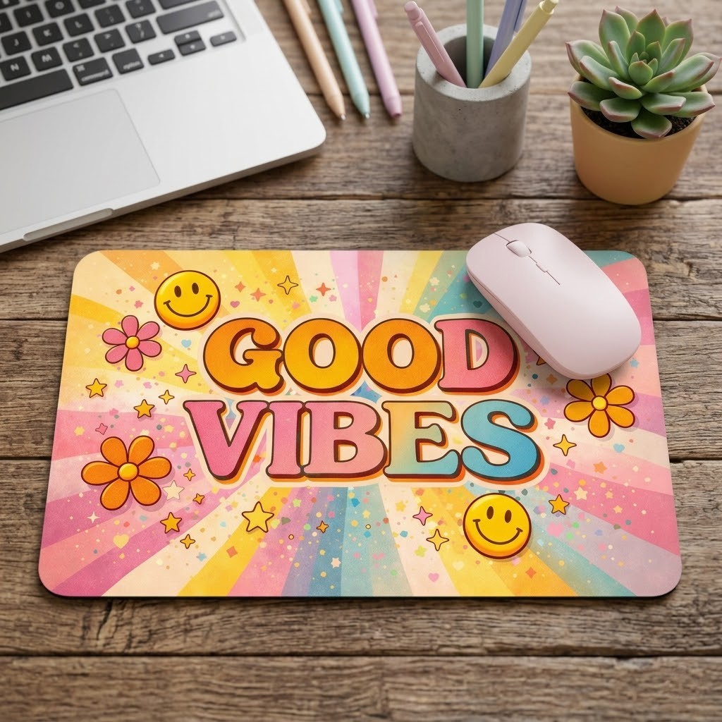 Good Vibes" Mousepad – 70s Aesthetic Sunburst Design – Colorful Smiley Face