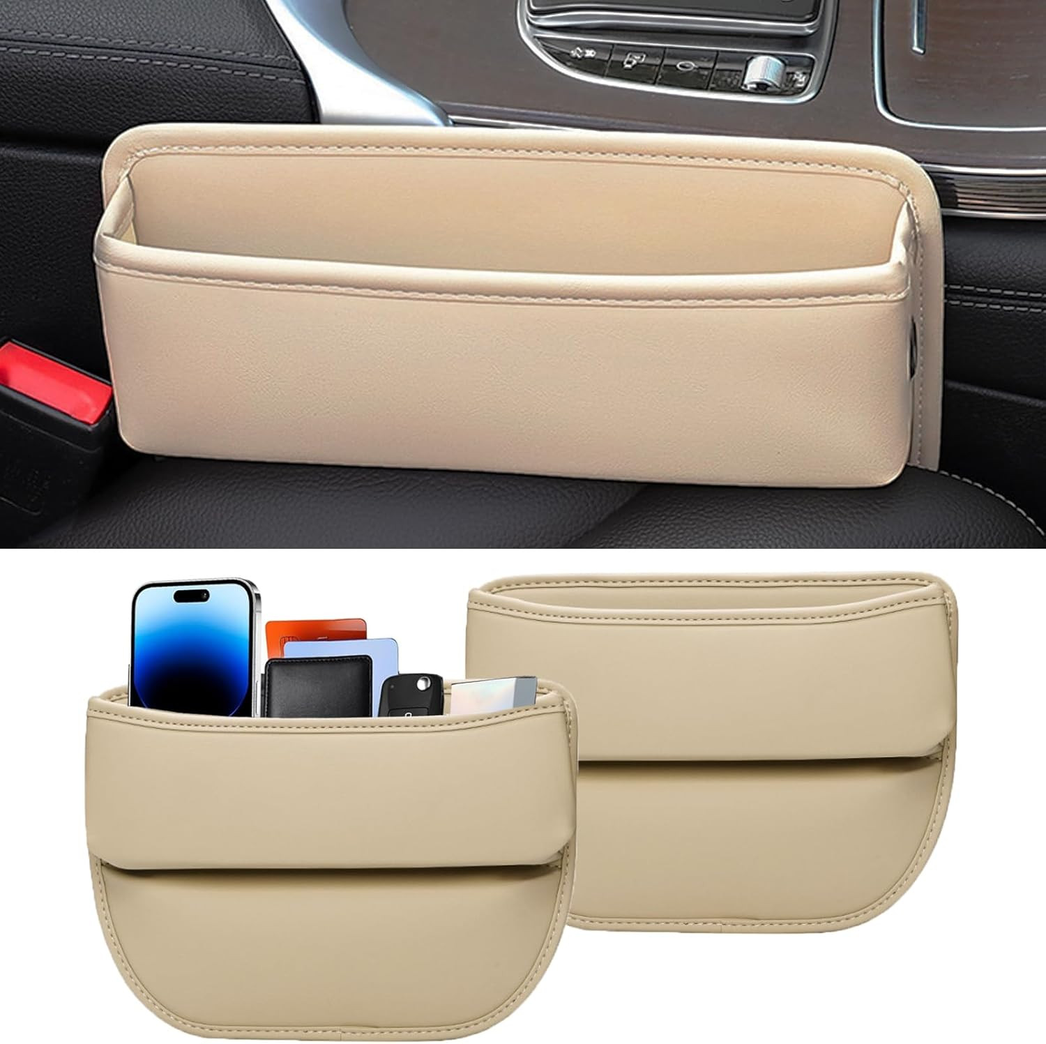 2-Pack Car Seat Gap Filler Leather Organizer for Car SUV Truck Beige