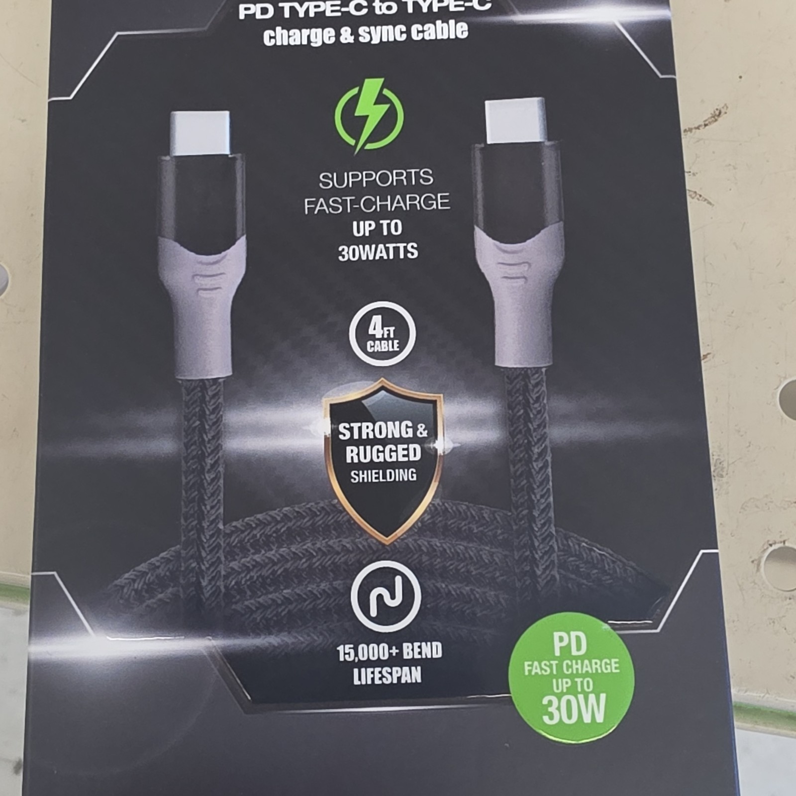 PowerXcel USB Type-C Charge & Sync Cable 4ft Fast Charge Black Gray