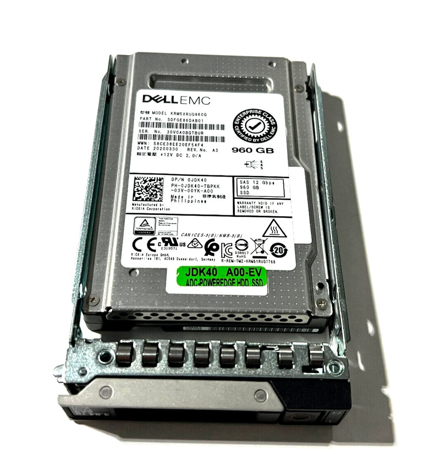 New 0JDK40 JDK40 DELL EMC ENTERPRISE 960GB 12Gb/s 2.5" SSD 14/15/16G KIT