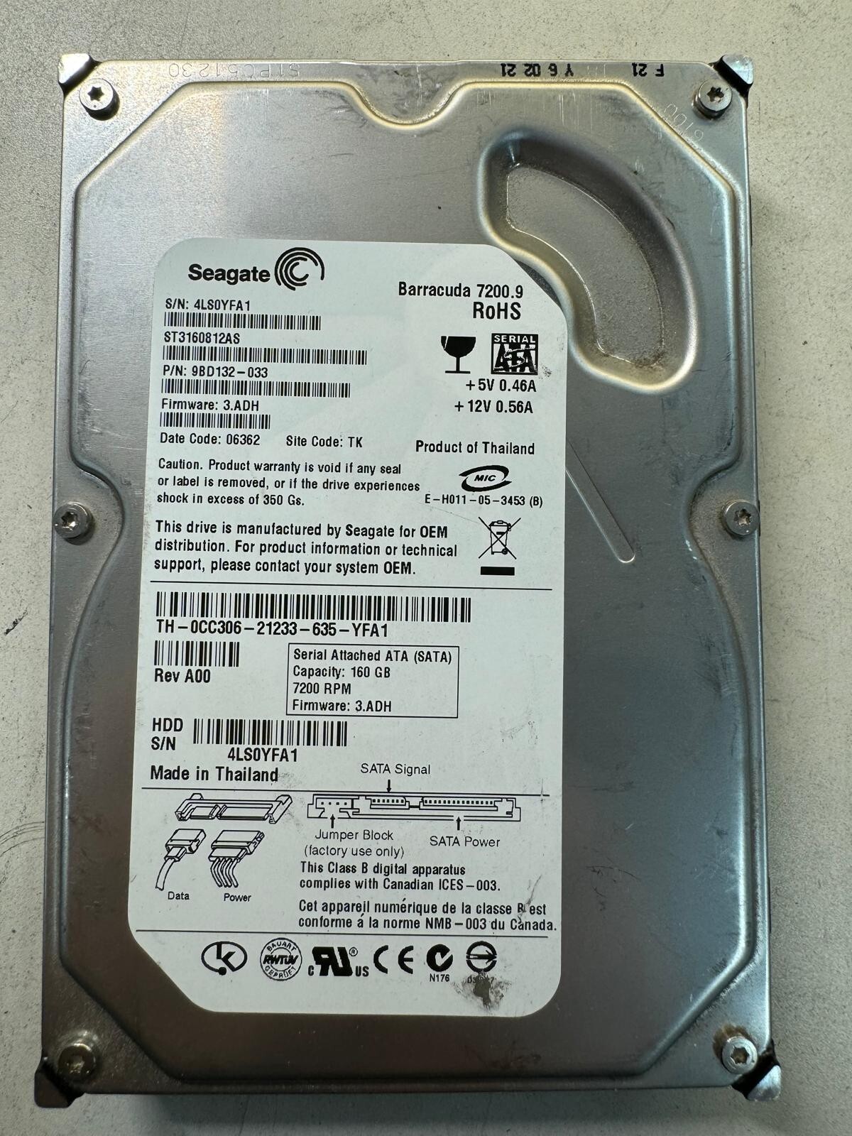SEAGATE ST3160812AS 9BD132-033 160GB Firmware 3.ADH Code 06362 SATA 3.5" HDD