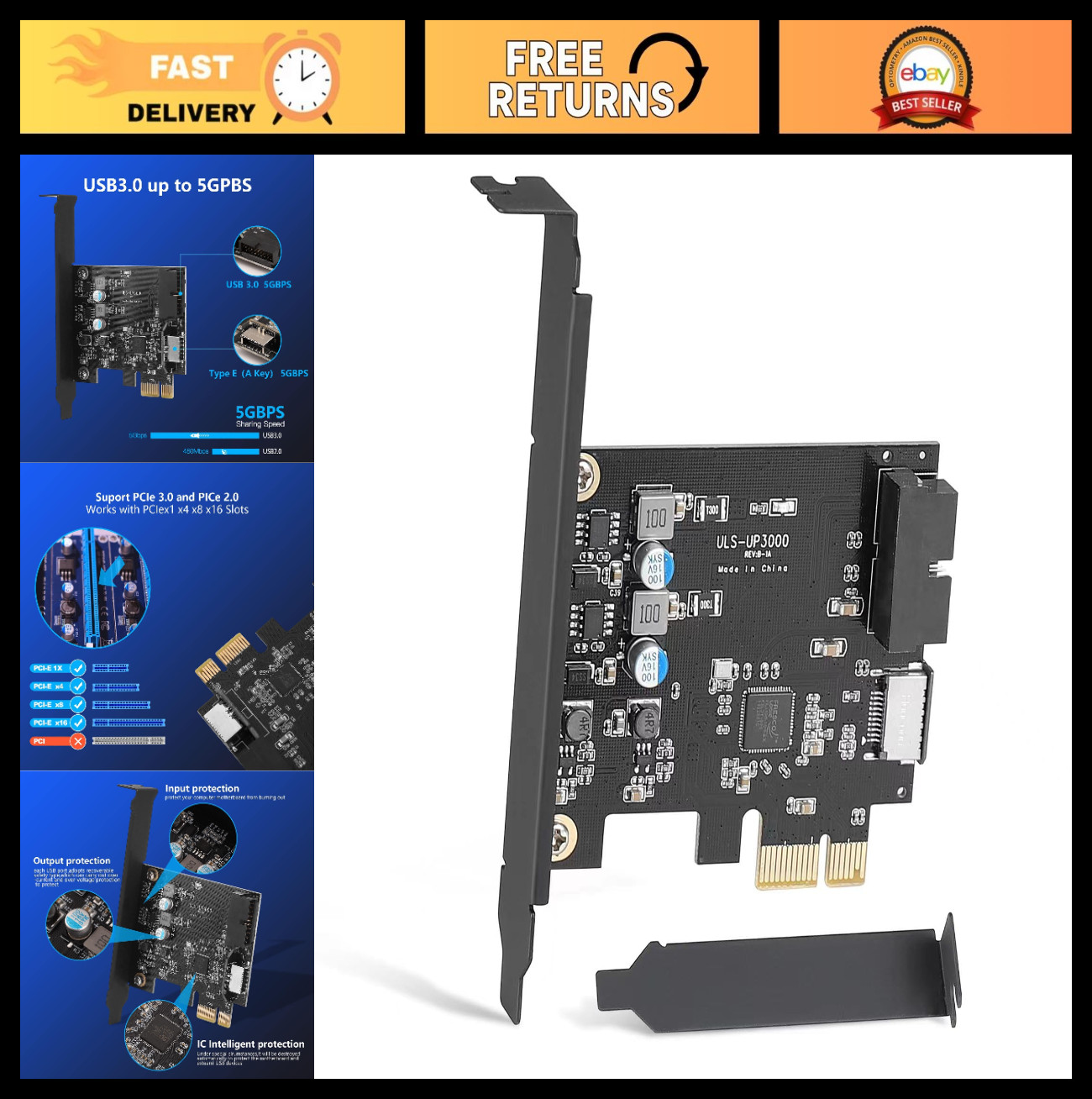 PCIe x1 to USB 3.2 Gen 1 Expansion Card, 19pin Front Panel Header, Type-C & USB