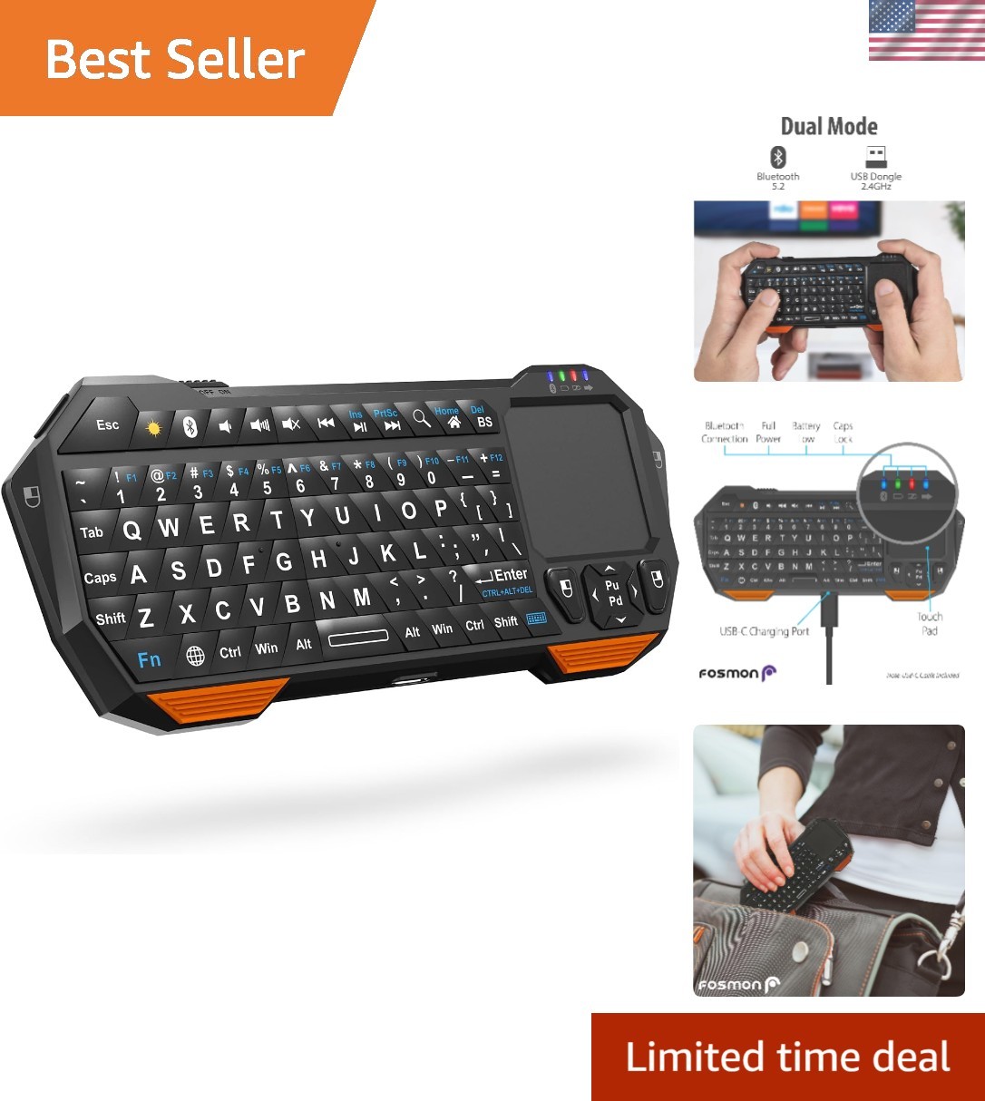 Mini Keyboard with Touchpad Mouse, 2.4G Wireless+ Bluetooth, Backlit