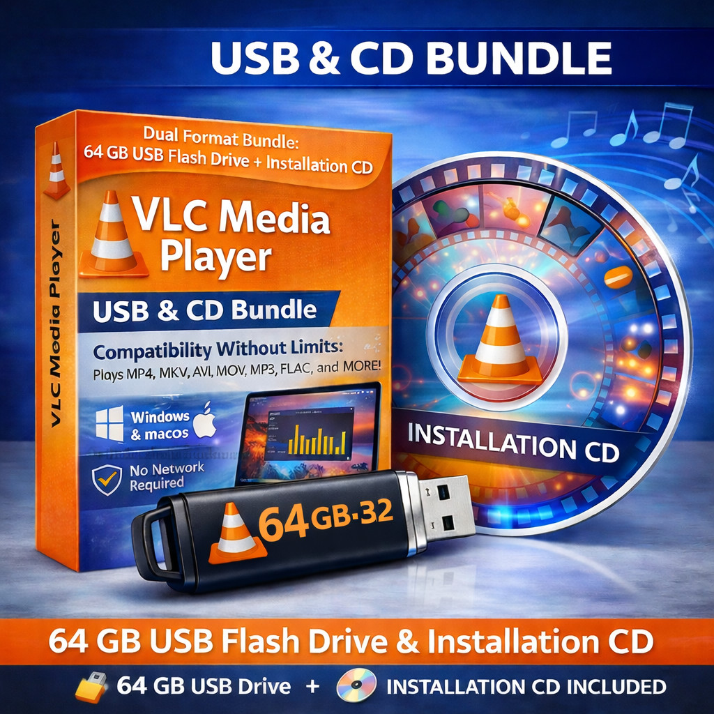 VLC Media Player USB & CD Bundle 64GB USB 3.2 Portable Video Audio Player Window