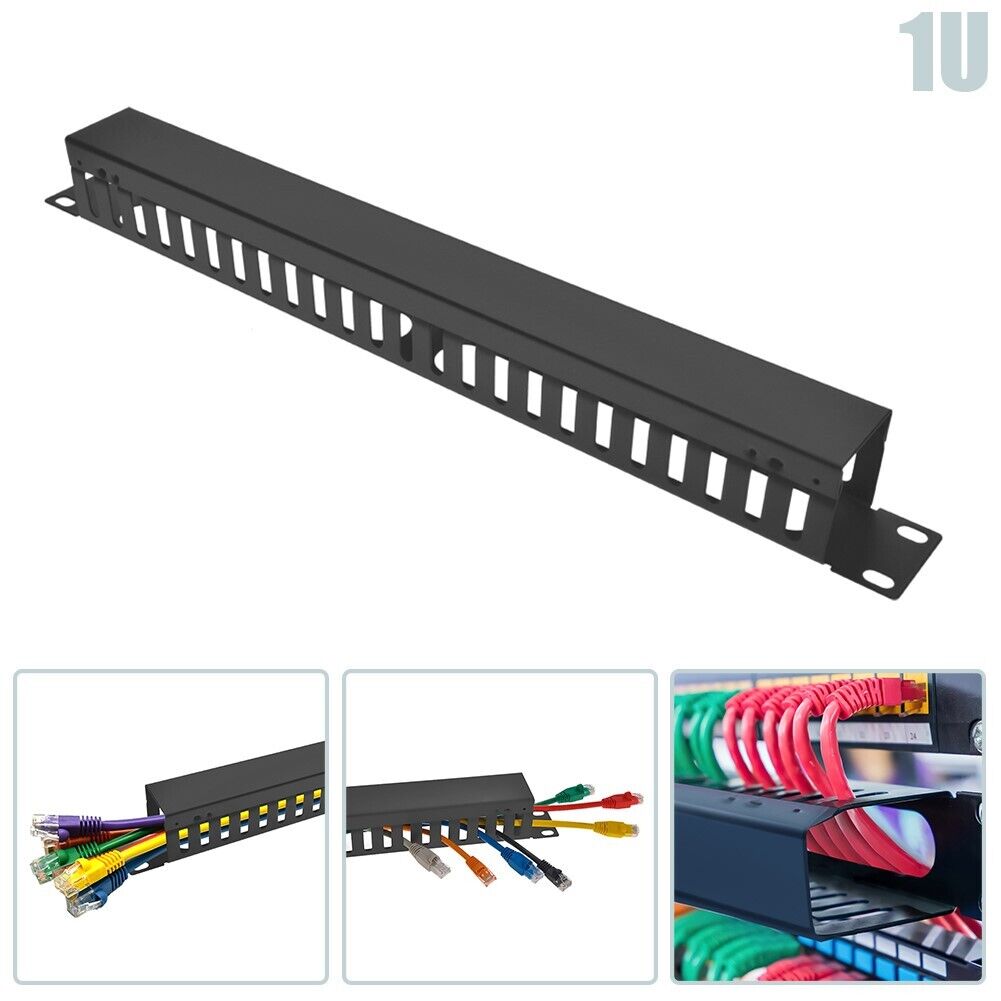 1U Network Rack Mount Horizontal Cable Manager 24-Finger Duct Panel with Cover