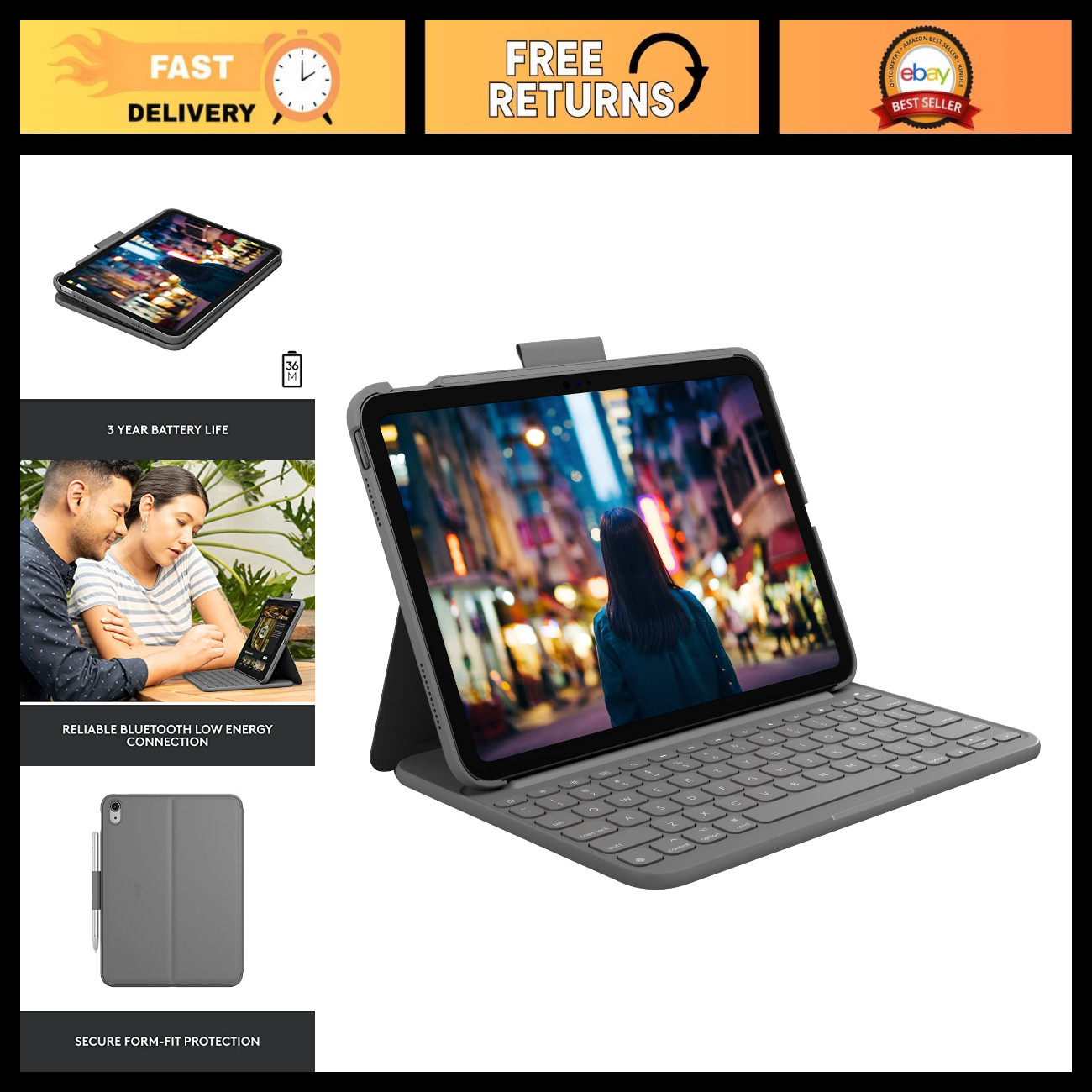 Slim Folio Case for iPad 10th Gen - A16 Integrated Wireless Keyboard, Slim & Lig