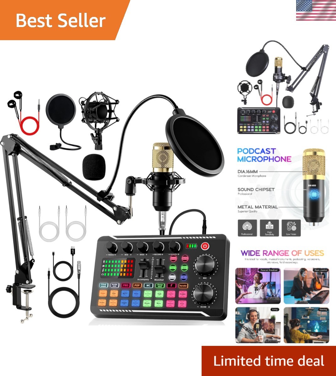 Podcast Equipment Bundle, F998 Live Sound Card with BM800 Recording Studio Mi...