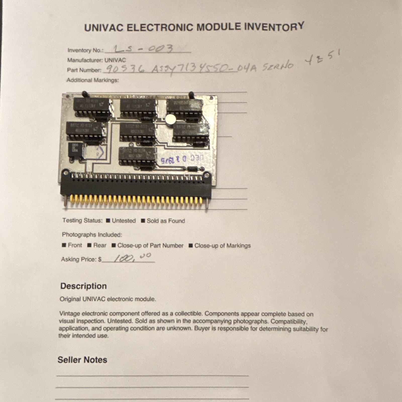 UNIVAC Vintage Electronic Module Circuit Board, Computer Module, MPN 90576