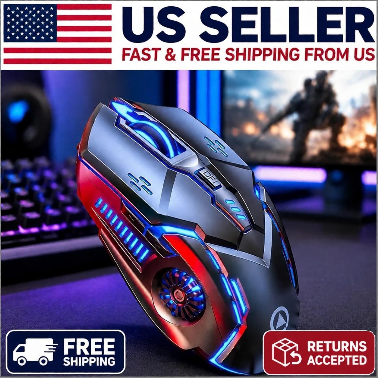 Wireless Mouse Gaming Rechargeable Optical Mouse Cordless 7 Color LED Backlit PC