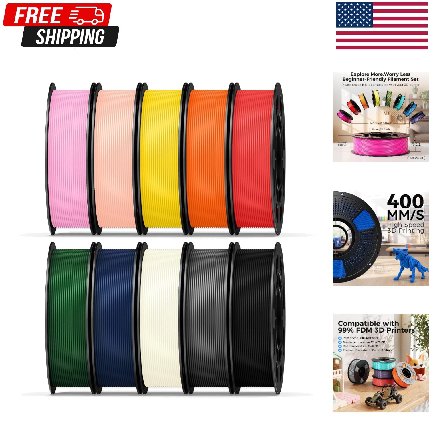 10 Color Bundle PETG 3D Printer Filament 1.75mm, Individually Vacuum Packed, 0.2