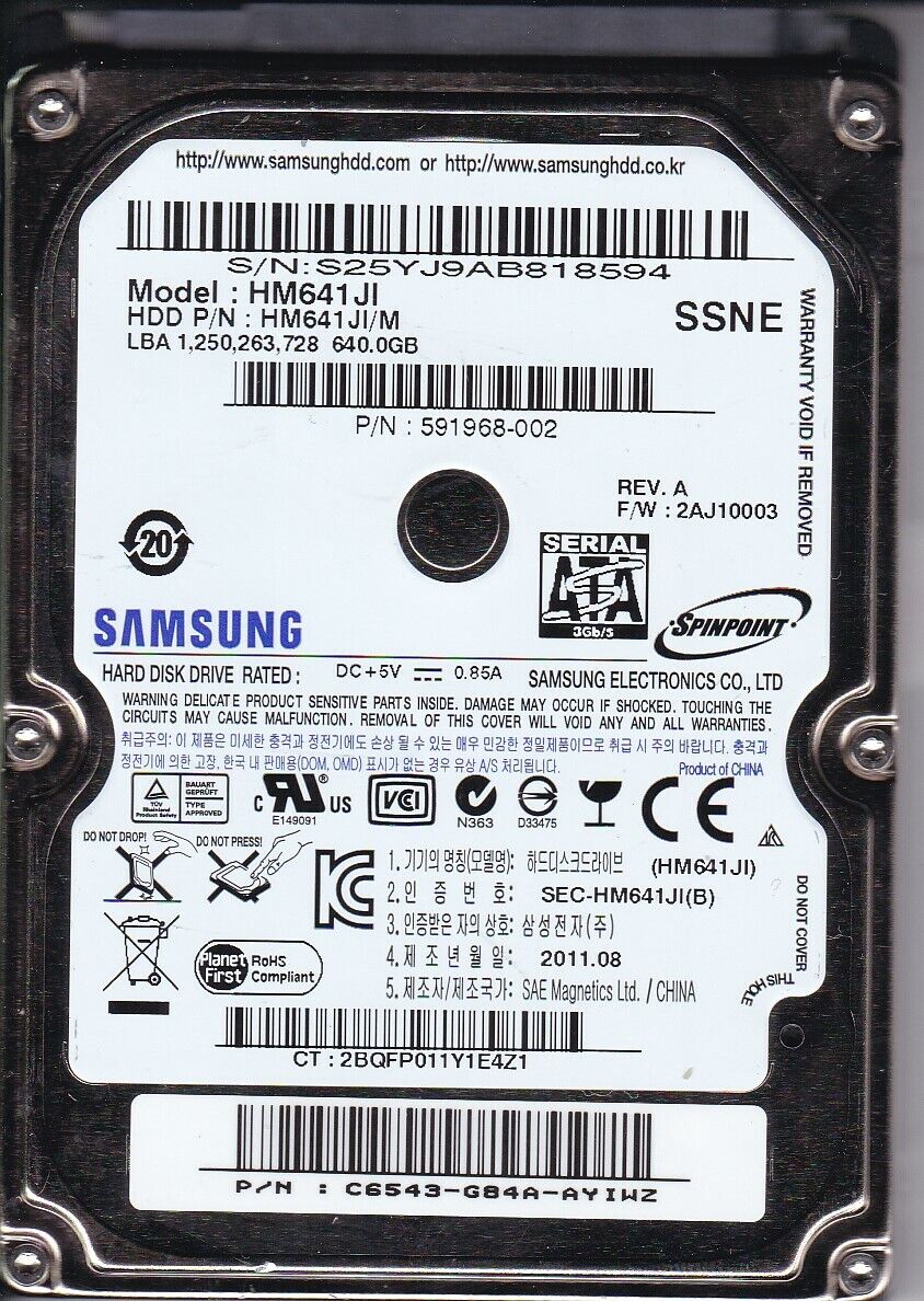 Samsung HM641JI pn: HM641JI/M C6543G84AAYIWZ 2AJ10003 640GB 2.5