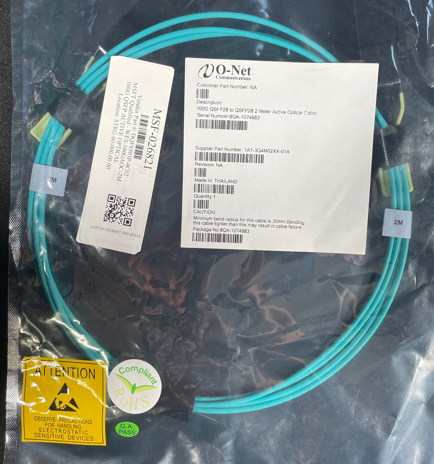 NEW O-Net 1AT-3Q4M02XX-01A  QSFP28 to QSFP28 100G 2M AOC Active Optical Cable