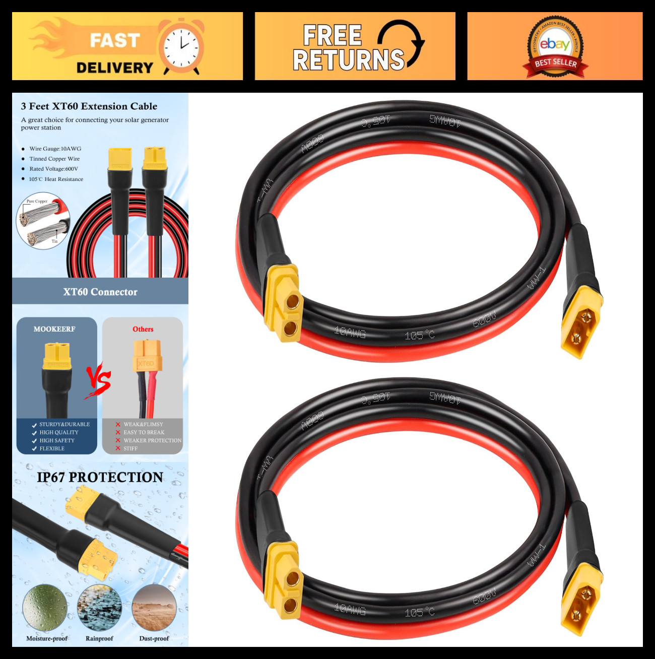 2PCS 3FT XT60 Extension Cable 10AWG Male to Female Connector for Solar Power RC