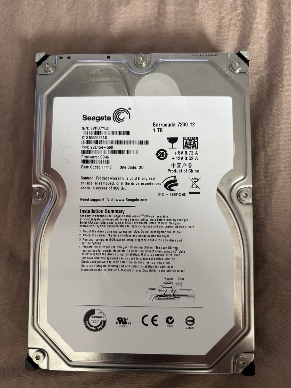 Seagate Barracuda 7200.12 1TB 3.5” SATA Hard Drive HDD ST31000528AS 7200RPM