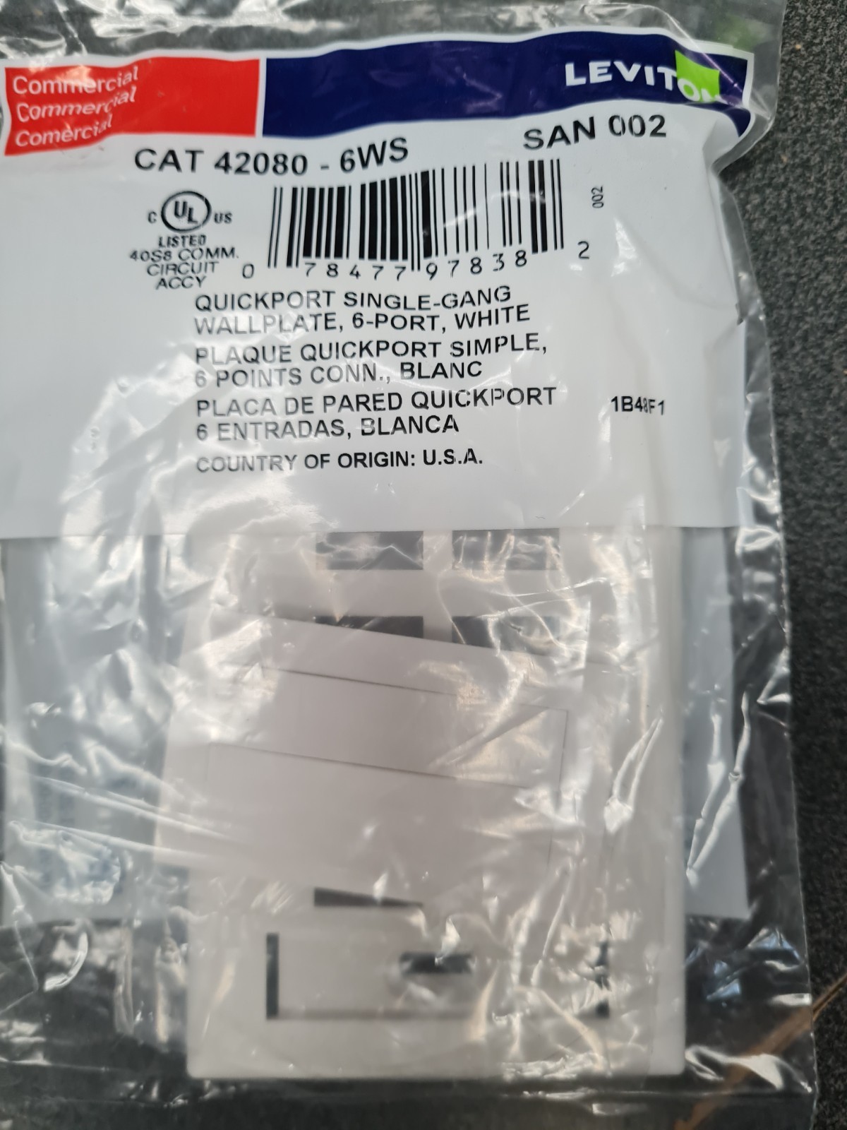 Lot of 6 - Leviton Quickport Single-Gang Wallpalte, 6 Port White 42080-6WS