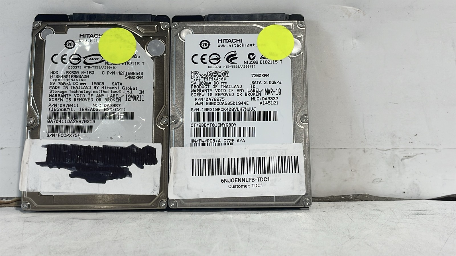 Hitachi HTS725050A9A364 500GB HTS545016B9A300 160GB SATA HDD Lot Of 2