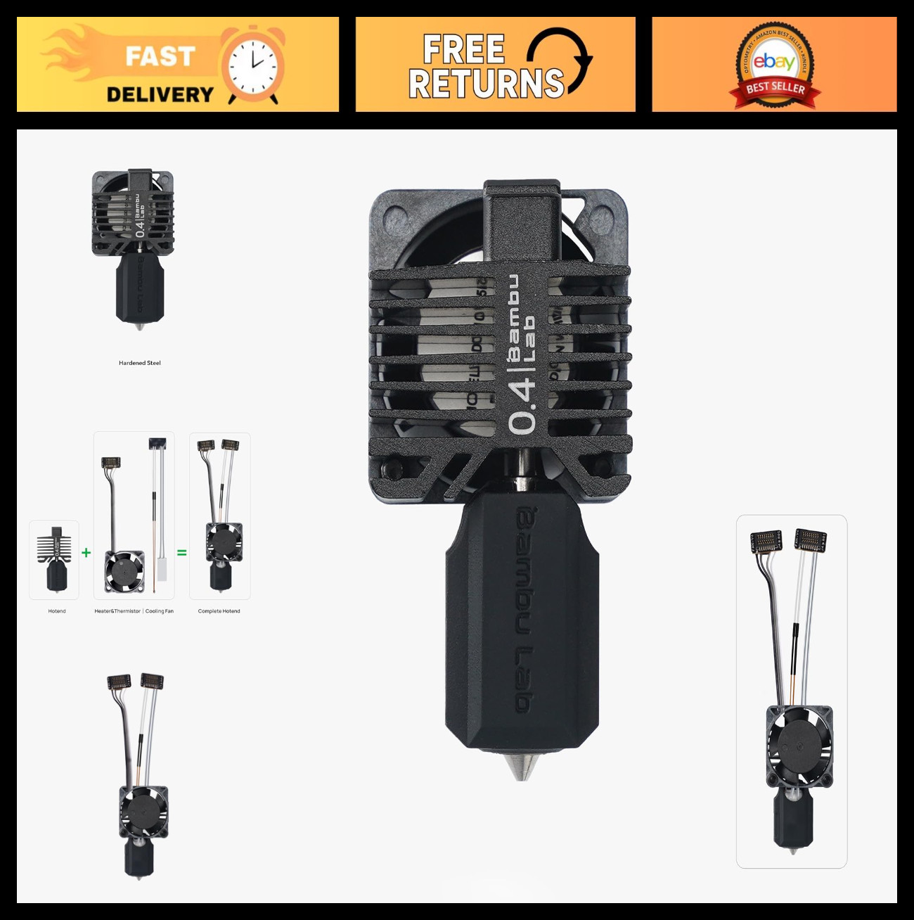 Hardened Steel Hotend Kit with Fan for P1, P1P, P1S 3D Printers - 0.4MM Upgrade