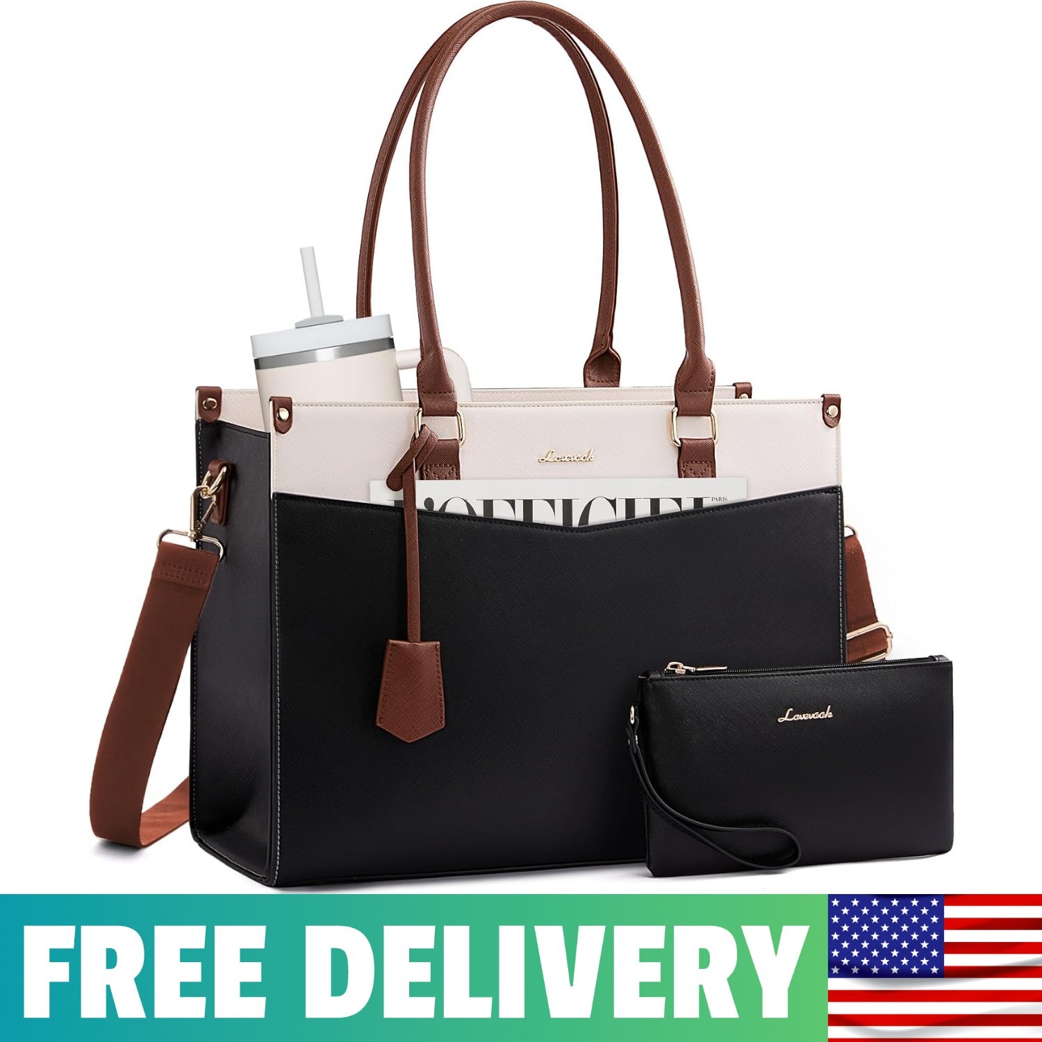 Laptop Bag For Women, Waterproof Tote Purse With Clutch For Work