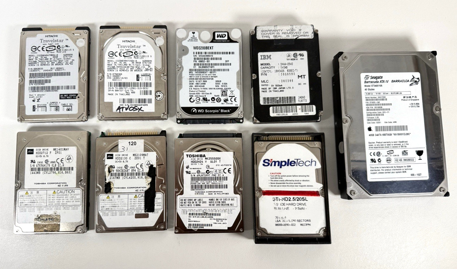 Hard Drive Lot of 9 - WD Seagate Hitachi Toshiba IBM More - UNTESTED