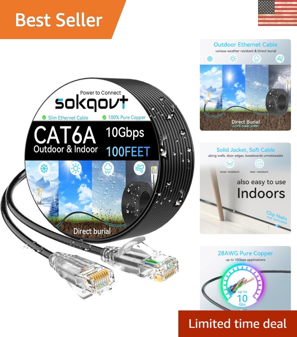 Weather-Resistant Cat6a Ethernet Cable - 100ft for Direct Burial & Indoor