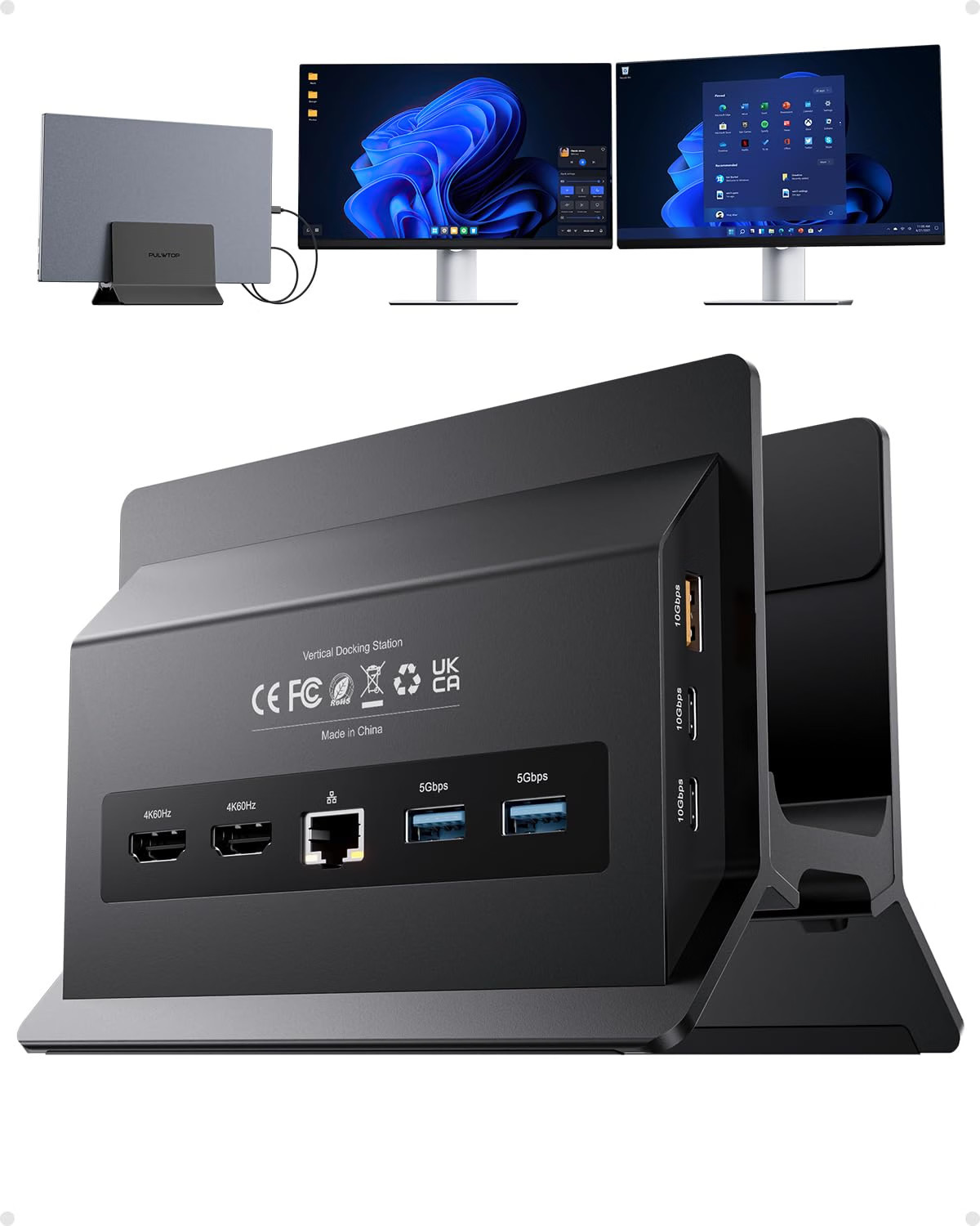 New - Pulwtop USB C Docking Station Dual Monitor 4K@60Hz, Laptop Dock (Black)