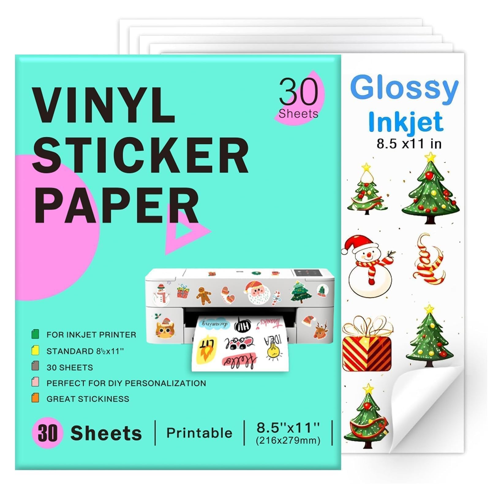 Printable Vinyl Sticker 8.5 x 11", Glossy White, 30 Sheets