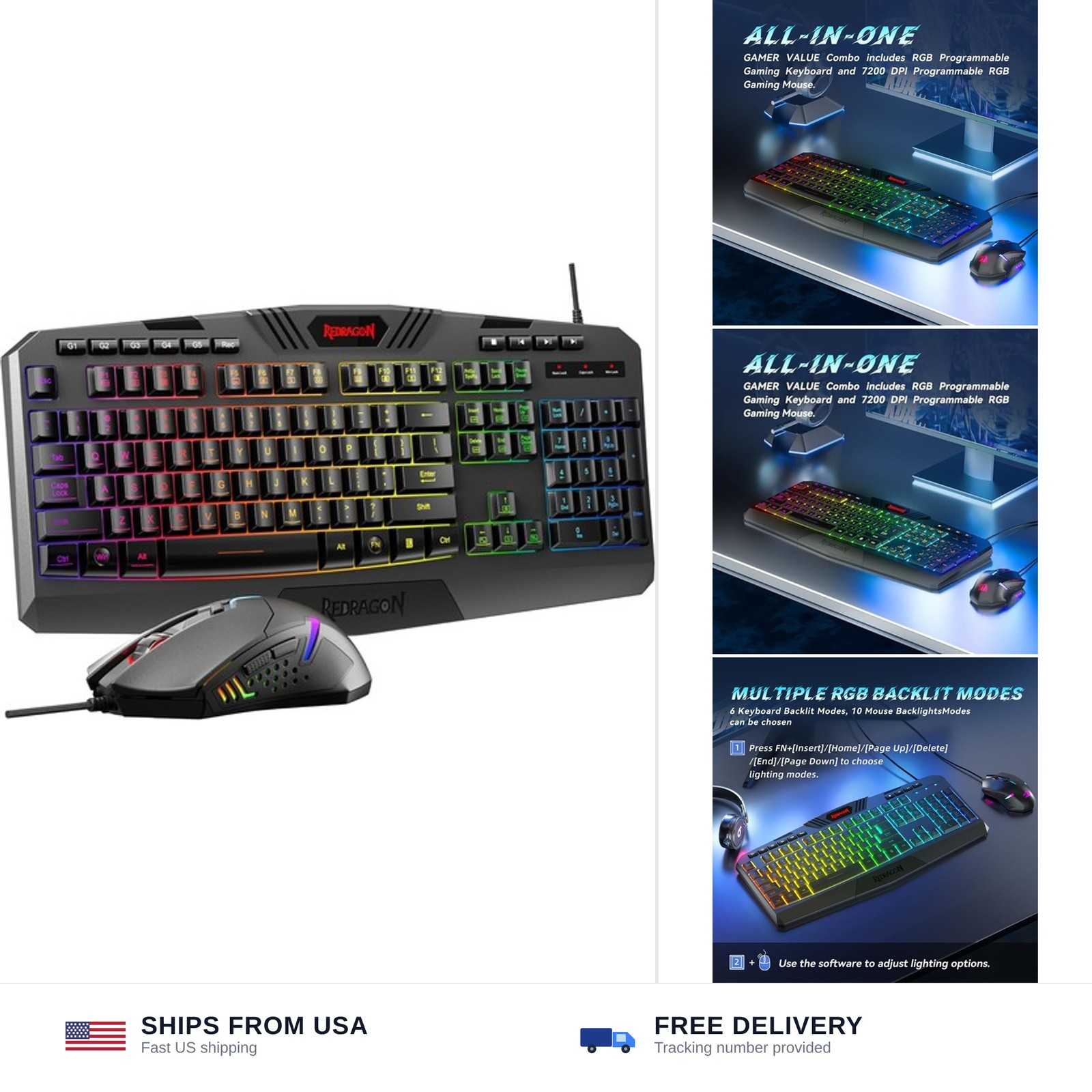 Redragon S101-3 PRO Gaming Keyboard and Mouse, RGB Backlit Programmable Keybo...