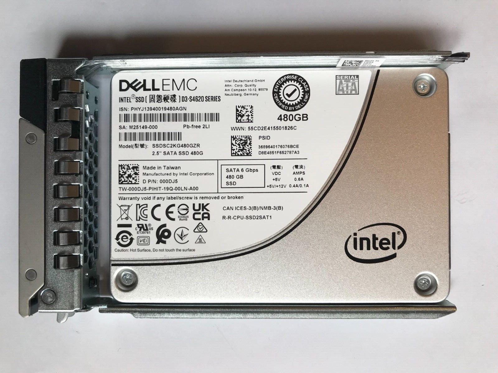 00DJ5 Dell Intel 480GB SATA 6G TLC MU 2.5" SSD SSDSC2KG480GZR D3-S4620 000DJ5