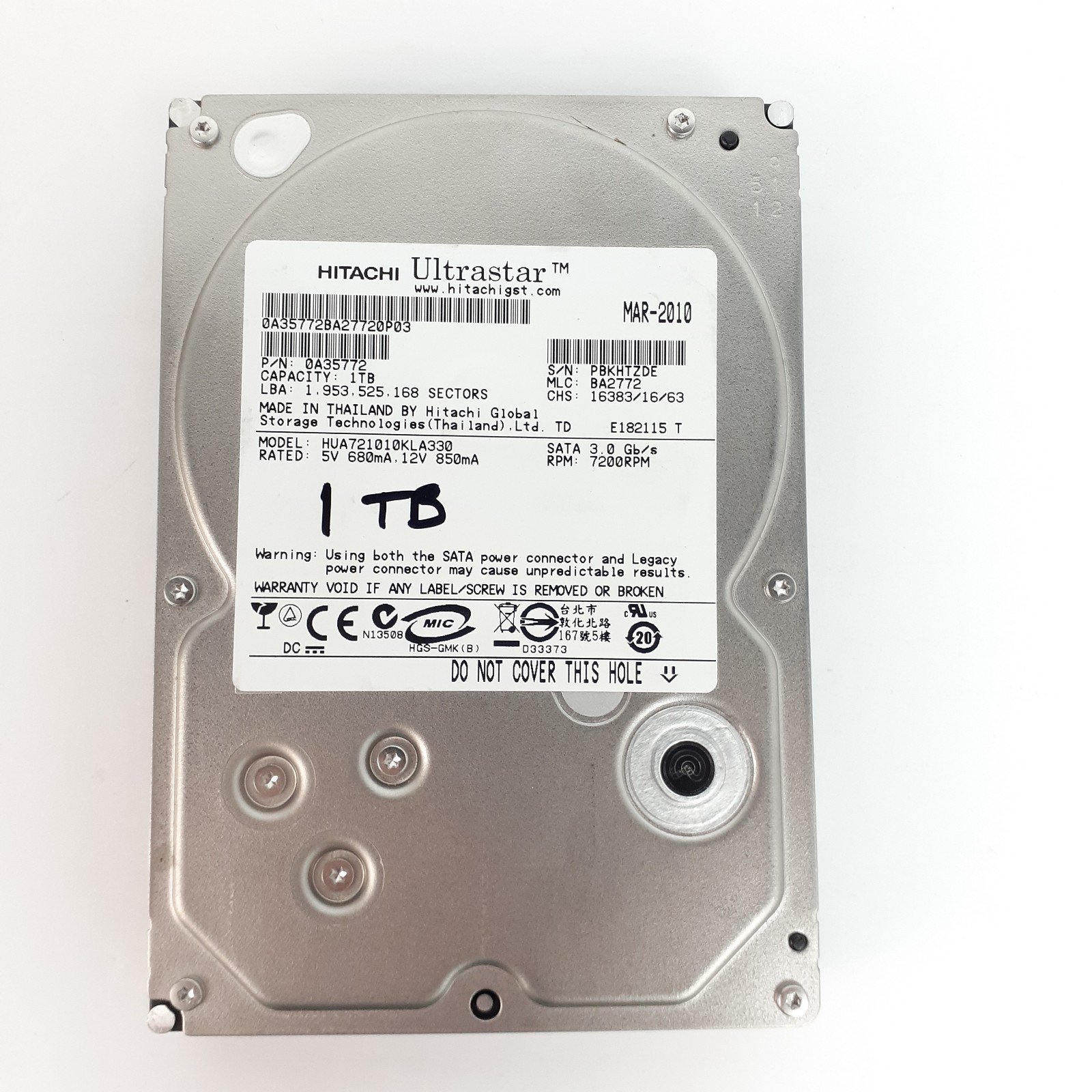 Hitachi Ultrastar 1TB SATA 3.5" HDD 0A35772 HUA721010KLA330 7200RPM Low Hours