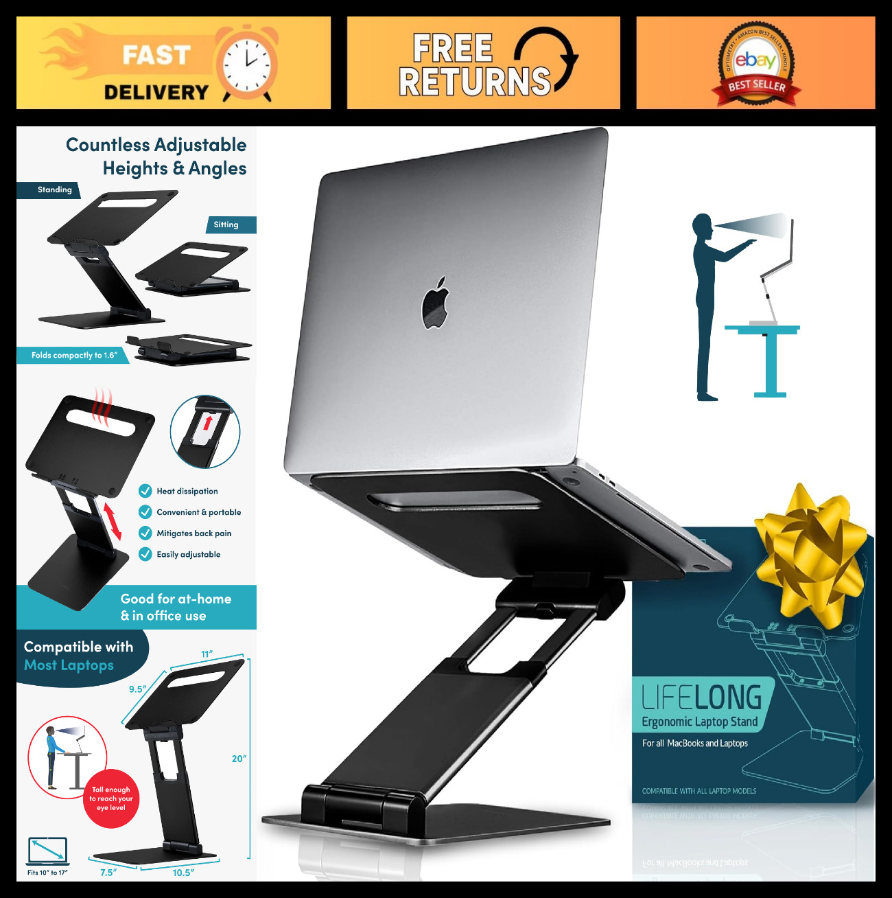 Adjustable Ergonomic Laptop Stand - Premium Aluminum Riser, Portable & Foldable,