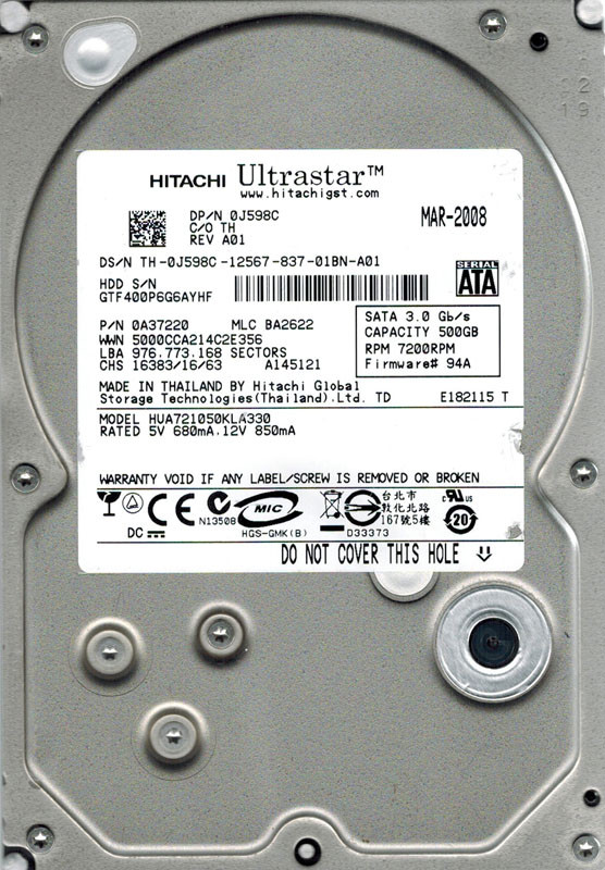 Hitachi HUA721050KLA330 P/N: 0A37220 MLC: BA2622 500GB