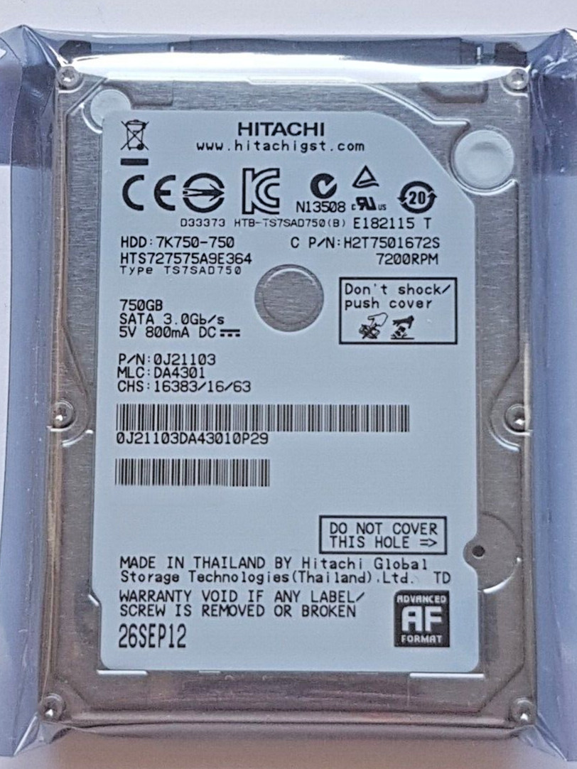 750GB SATA Hitachi HTS727575A9E364 7200rpm 16MB HDD 2.5" Internal Hard Drive New