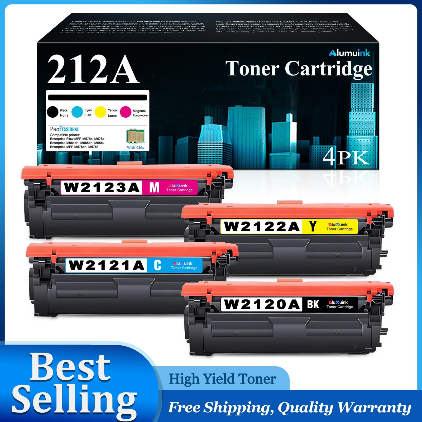 212A Toner 4PK w/Chip for 212X HP Enterprise M554dn  M555x M578, MFP M578f
