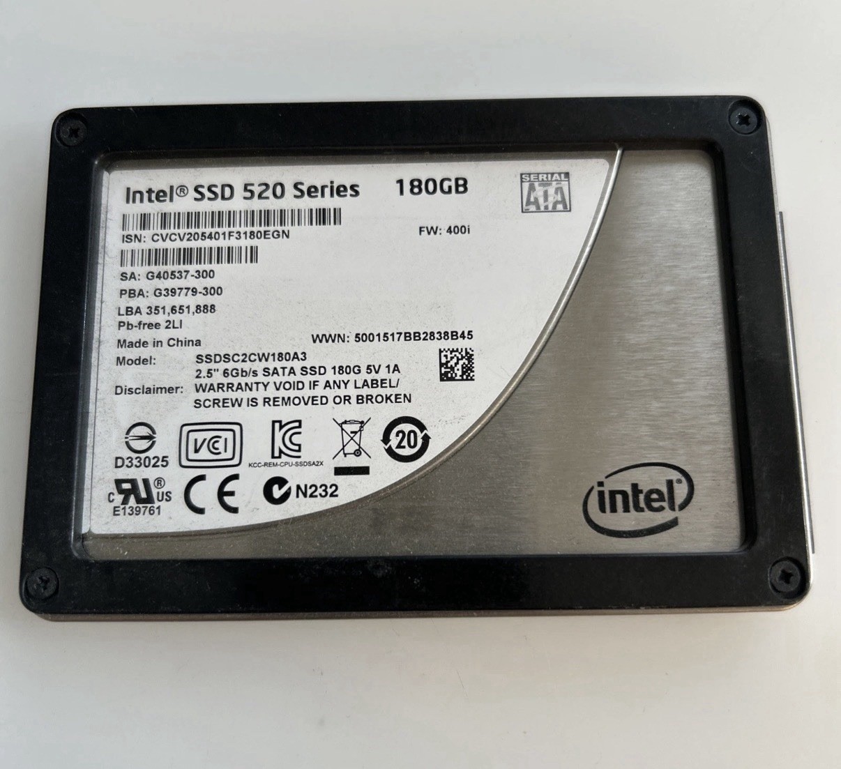 Intel SSDSC2CW180A3 SSD 520 180GB 2.5" SATA  6Gbps SSD Hard Drive CD Passed