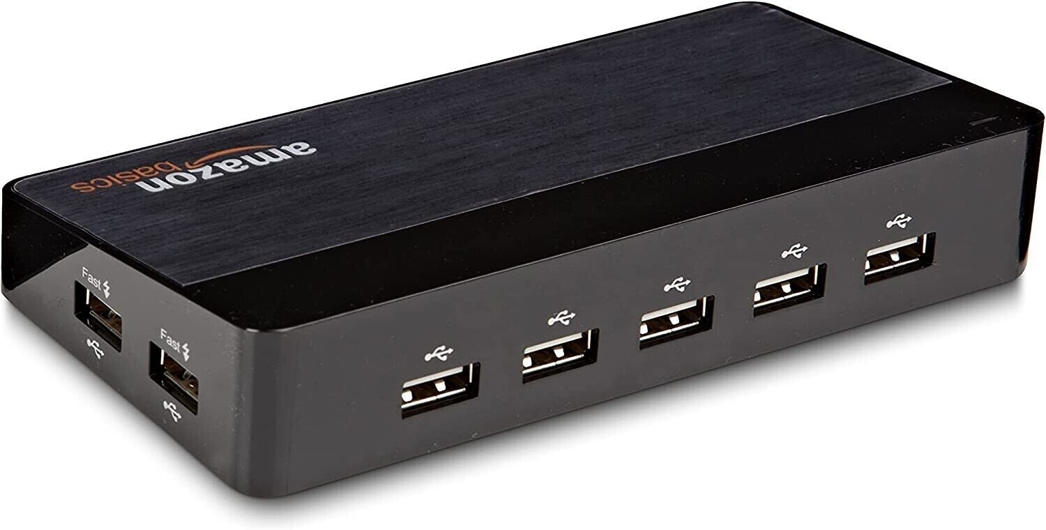 5PK 10 Port USB 2.0 Hub w/ Power Adapter and Cable 2 Fast Charge ports Plug&Play