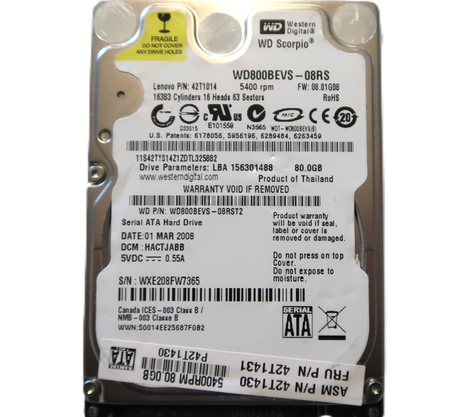 Western Digital WD800BEVS-08RST2 HACTJABB (WXE) Thailand 80gb 2.5" Sata HDD 2008
