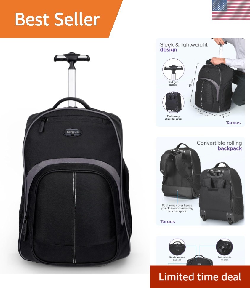 16 Inch Black Rolling Backpack with Foam Padded Laptop Compartment, Versatile