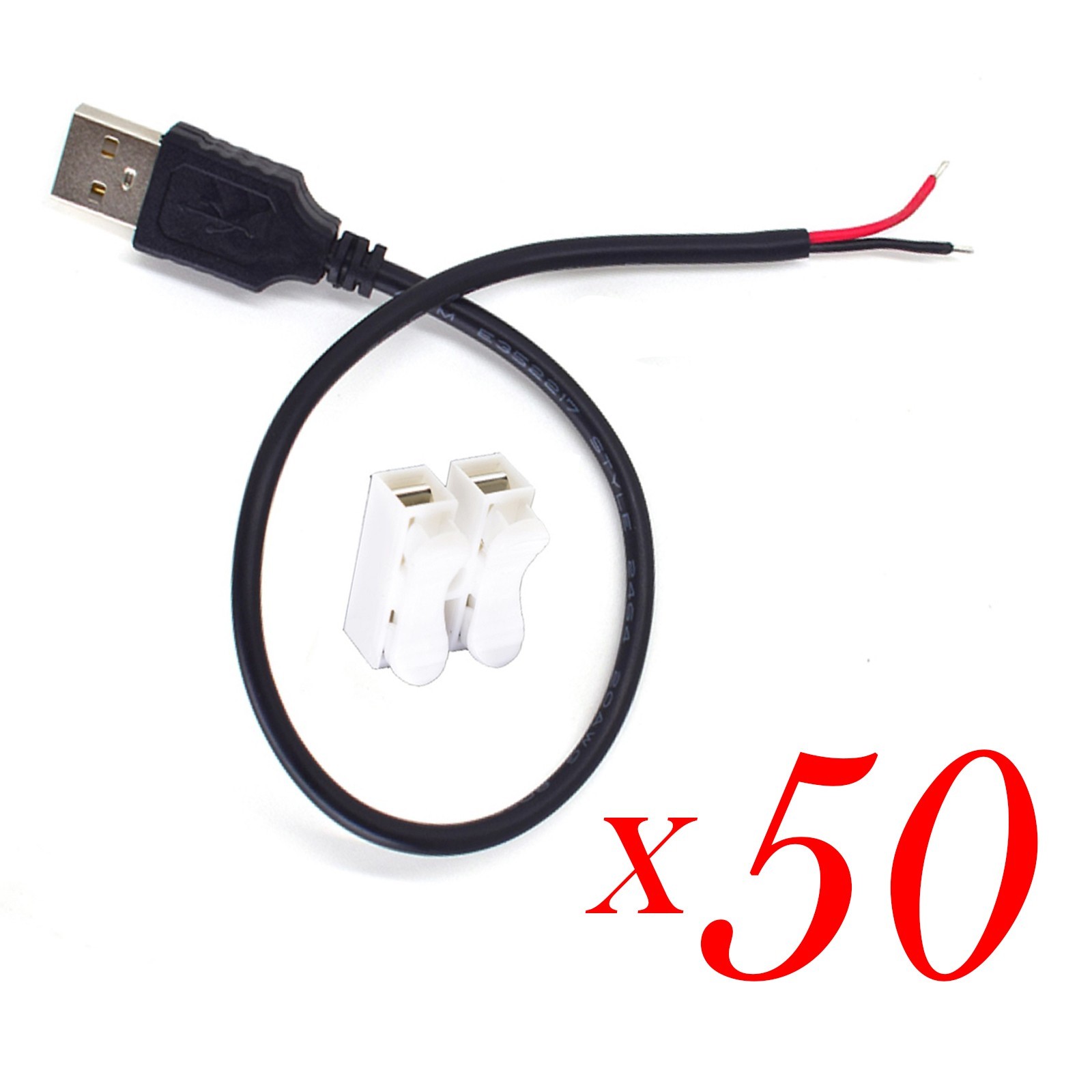 50X USB 2.0 Male to Bare Wire Cable 20AWG 5A 2Pin DIY Pigtail Cable 0.3M/1FT