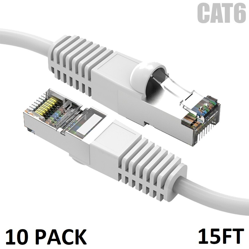 10 Pack 15'ft CAT6 Shielded Ethernet Network Patch Cable sstp Booted Lan cord