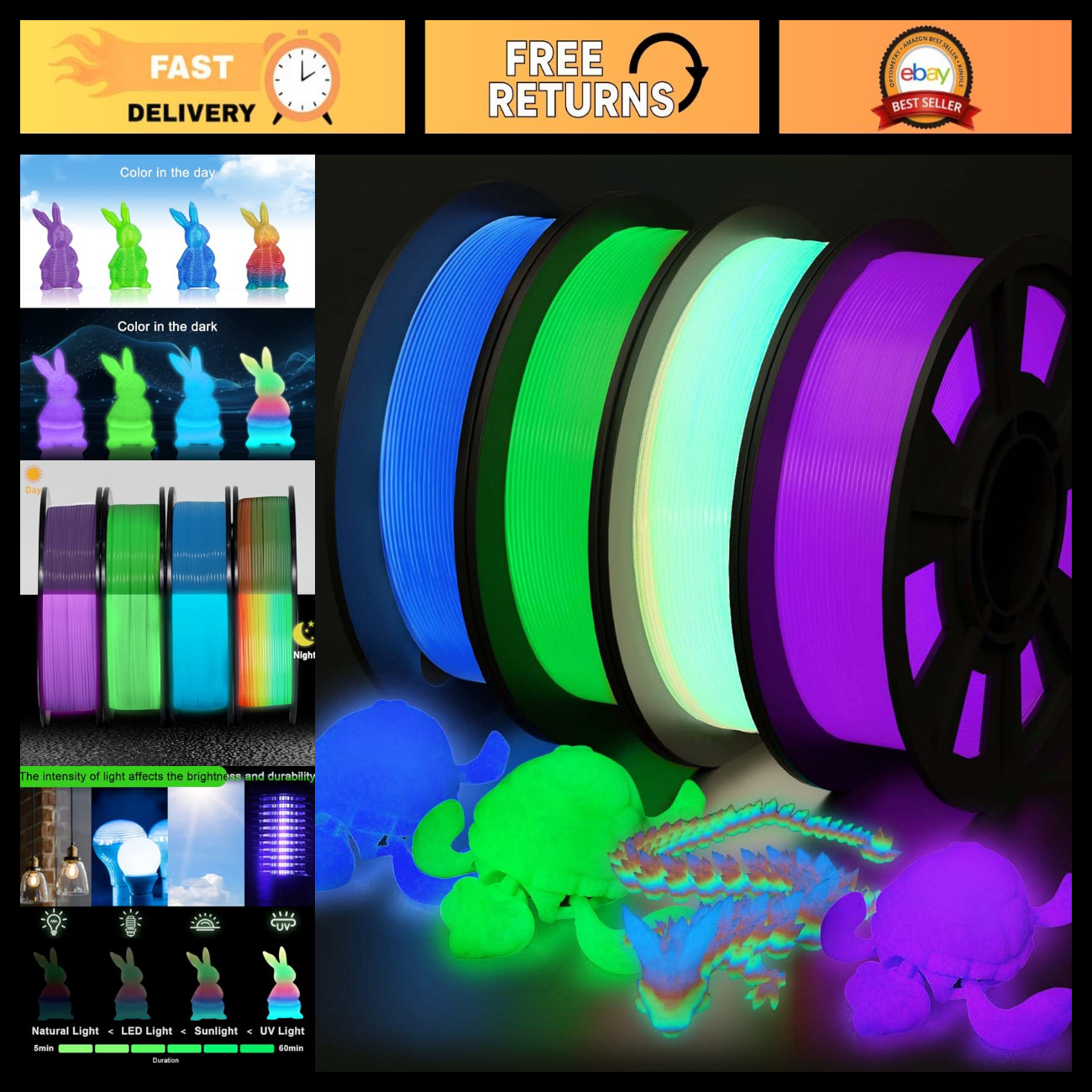 Glow in the Dark 3D Printer Filament Bundle - Multicolor PLA 1.75mm, 250g x 4 Pa