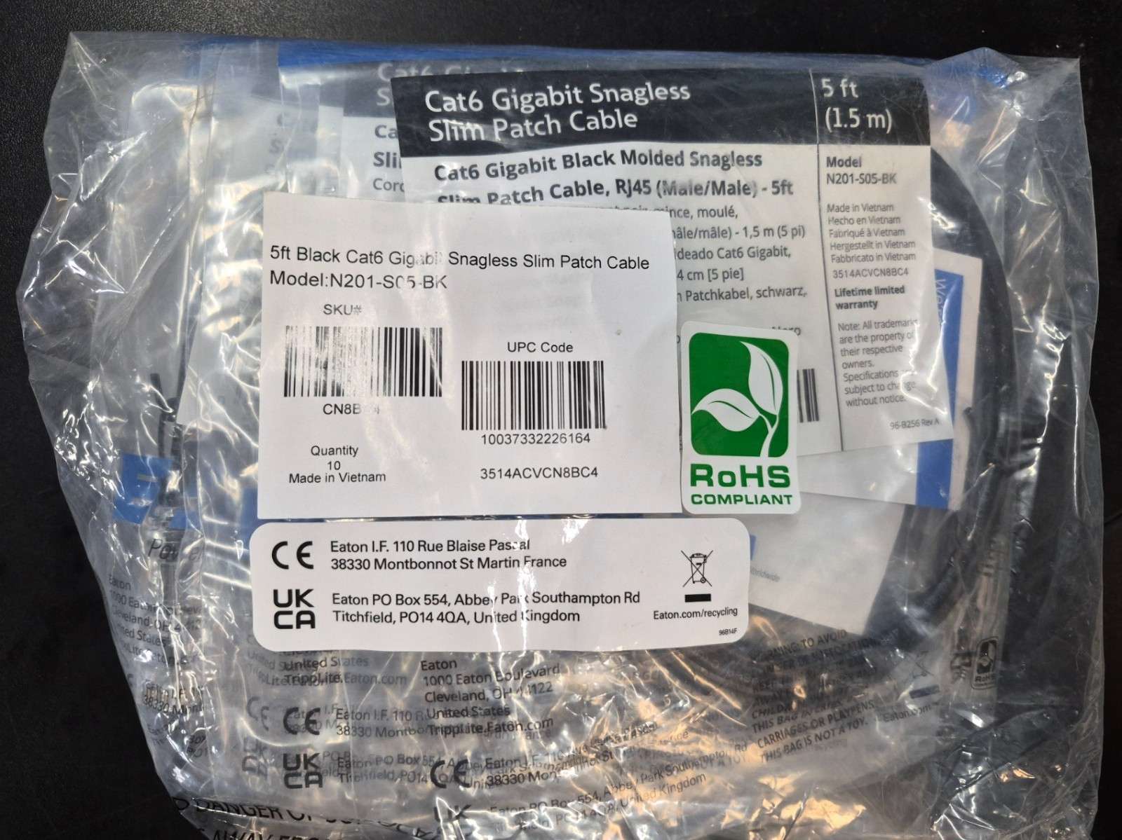 PACK OF 10 Tripp-Lite N201-S05-BK Cb 5Ft Cat6 Gigabit Snagless Slim Utp Ethernet