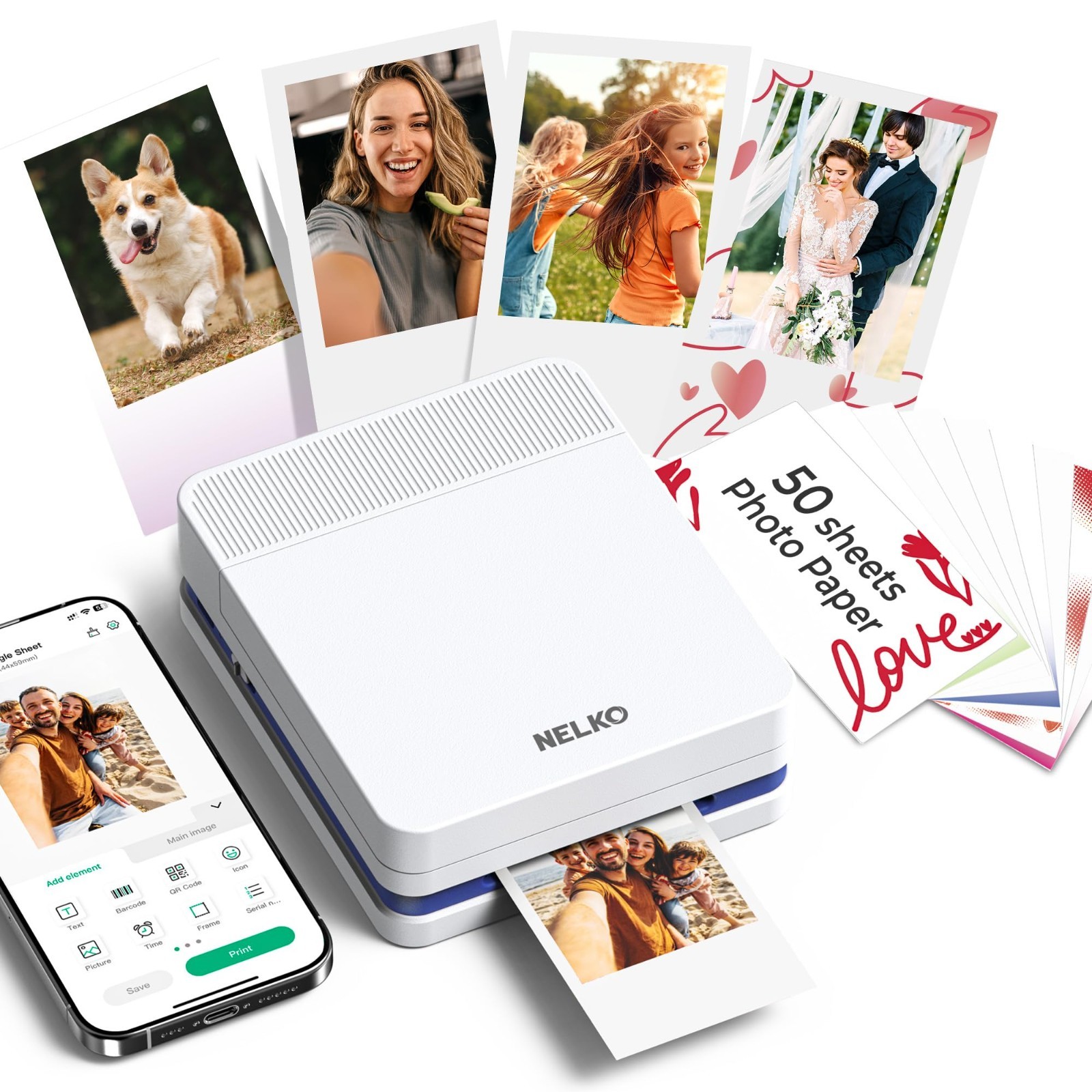 Portable Mini Instant Photo Printer - Bluetooth Color Inkjet, 50 Sheets, Premium