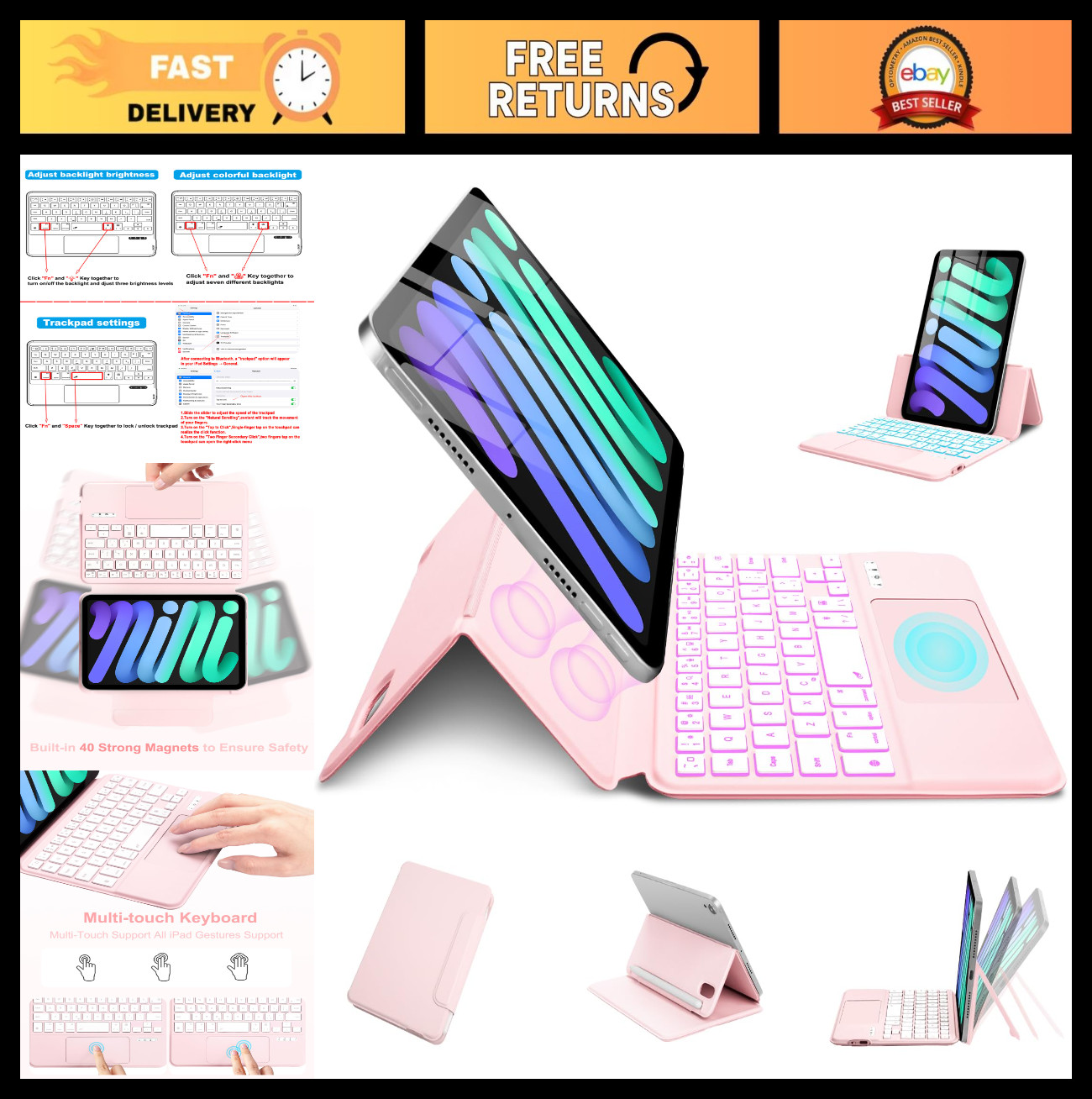 Slim Magnetic Folio Keyboard Case for iPad Mini 6/7 - Backlit Trackpad, Type-C,