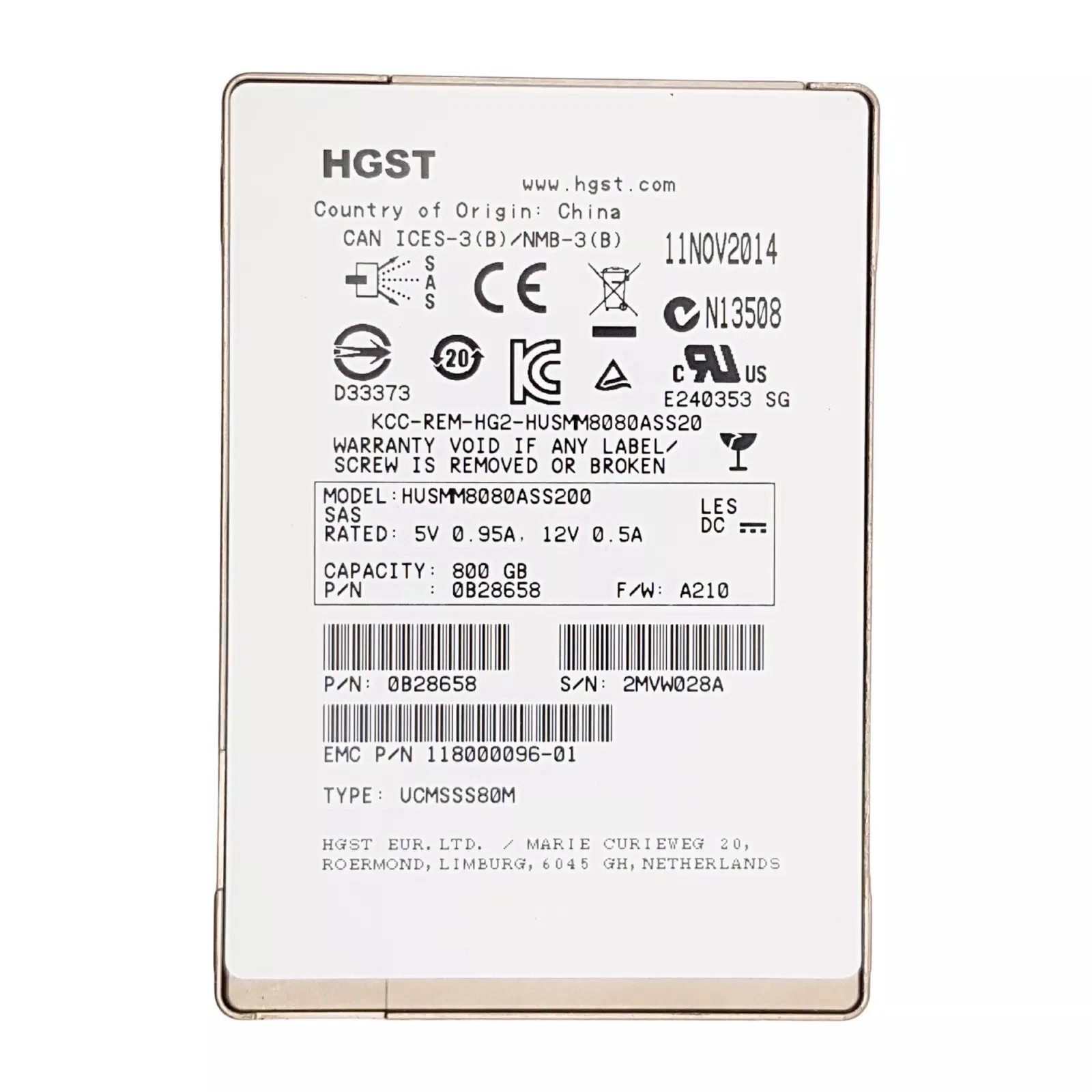 Hard Drive EMC 800GB SSD SAS 12G 2.5" MLC WI 118000096-01