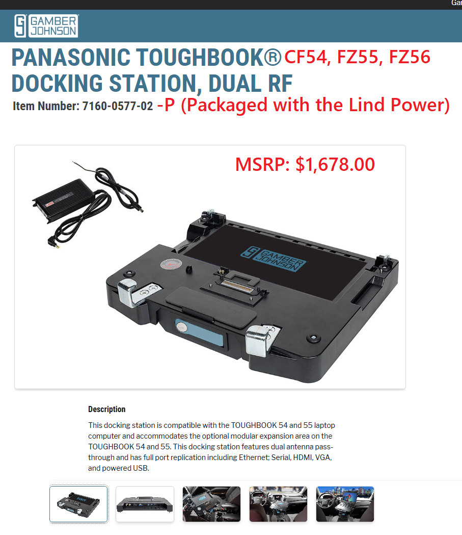 GAMBER-JOHNSON Docking Station Toughbook FZ-55 FZ56 CF-54 7160-0577-02-P + Power