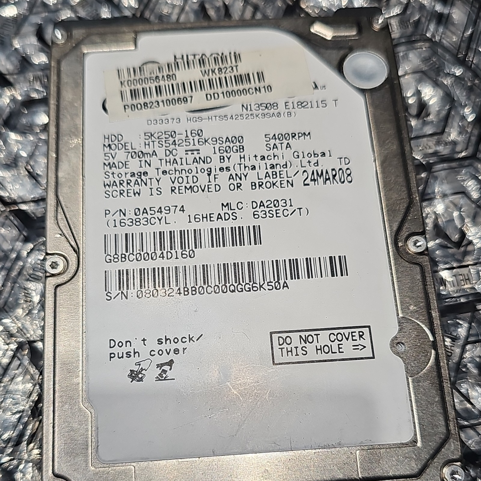 Hitachi Travelstar 160GB 2.5in SATA 5400RPM 8MB Laptop HDD HTS542516K9SA00