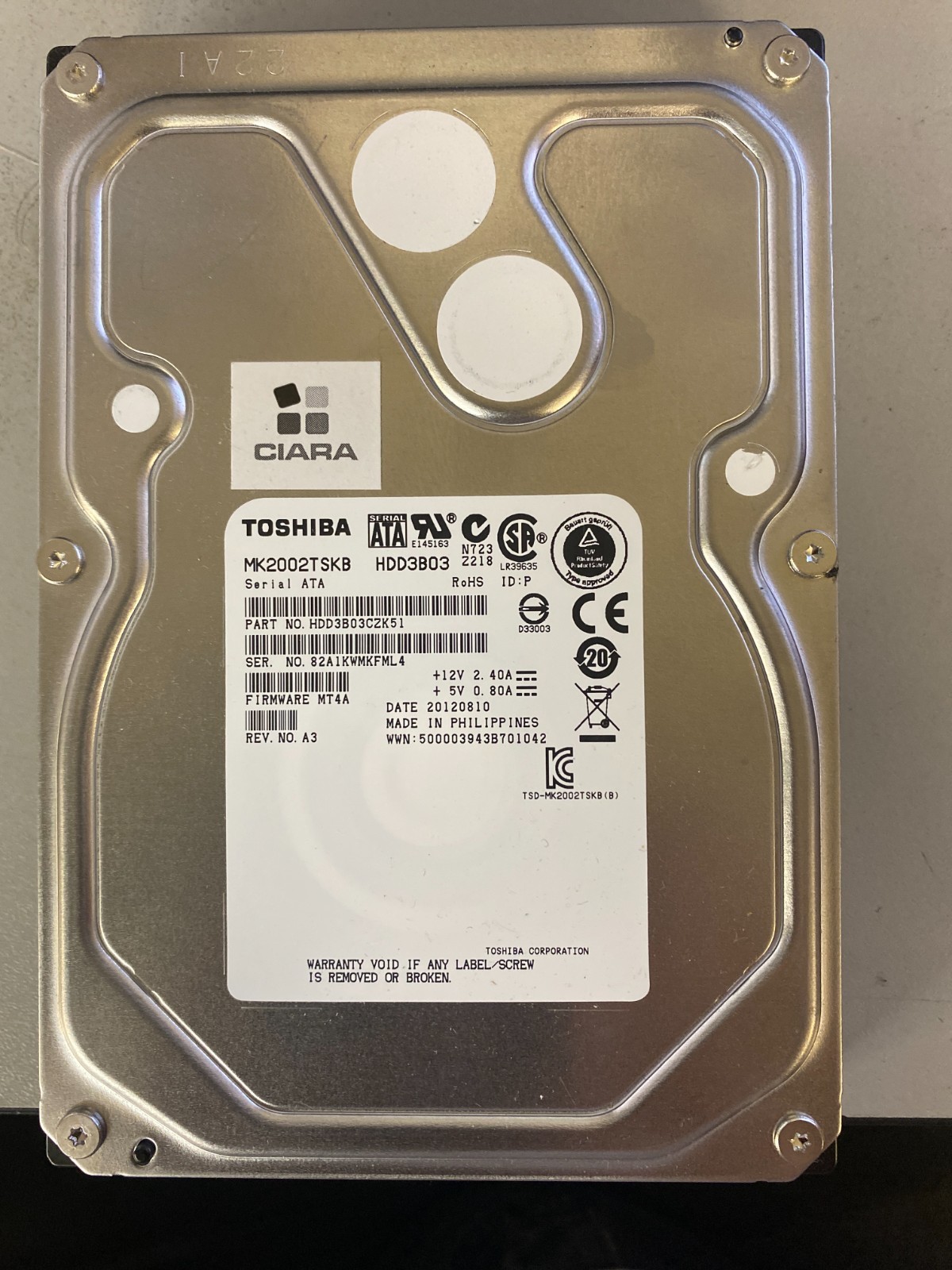 Toshiba 2TB MK2002TSKB HDD3B03CZK51 3.5" SATA Internal Hard Drive MT4A
