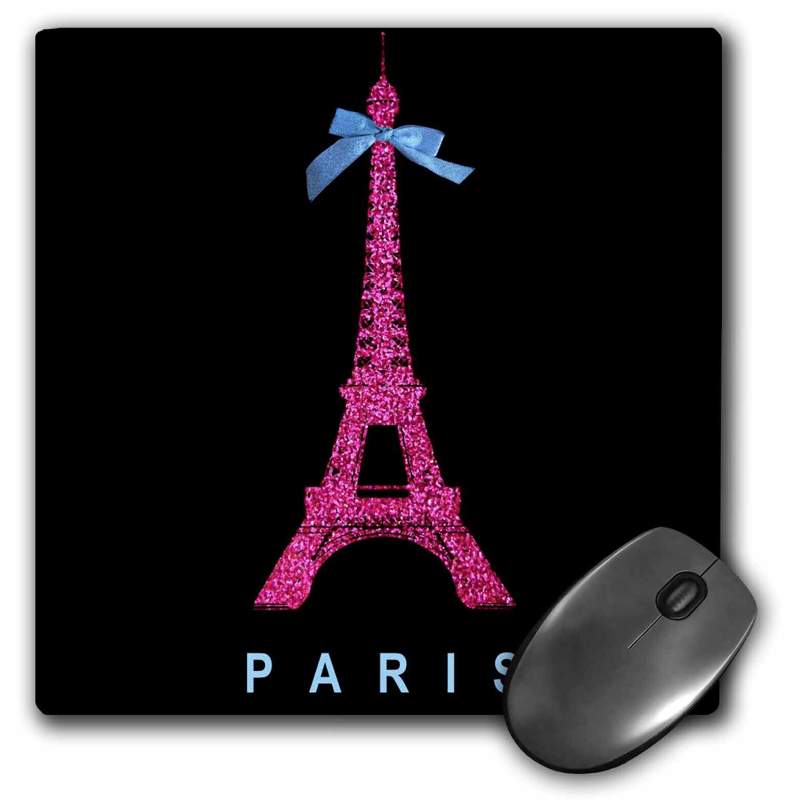 3dRose Hot Pink Paris Eiffel Tower from France with girly blue ribbon bow - Blac