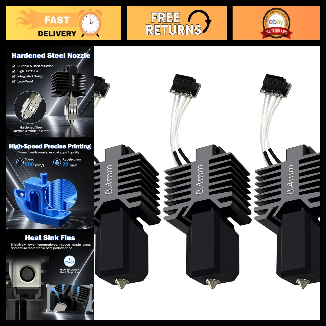 Upgraded 3 PCS Hotend Kit with 0.4MM Hardened Steel Nozzles for 3D Printers