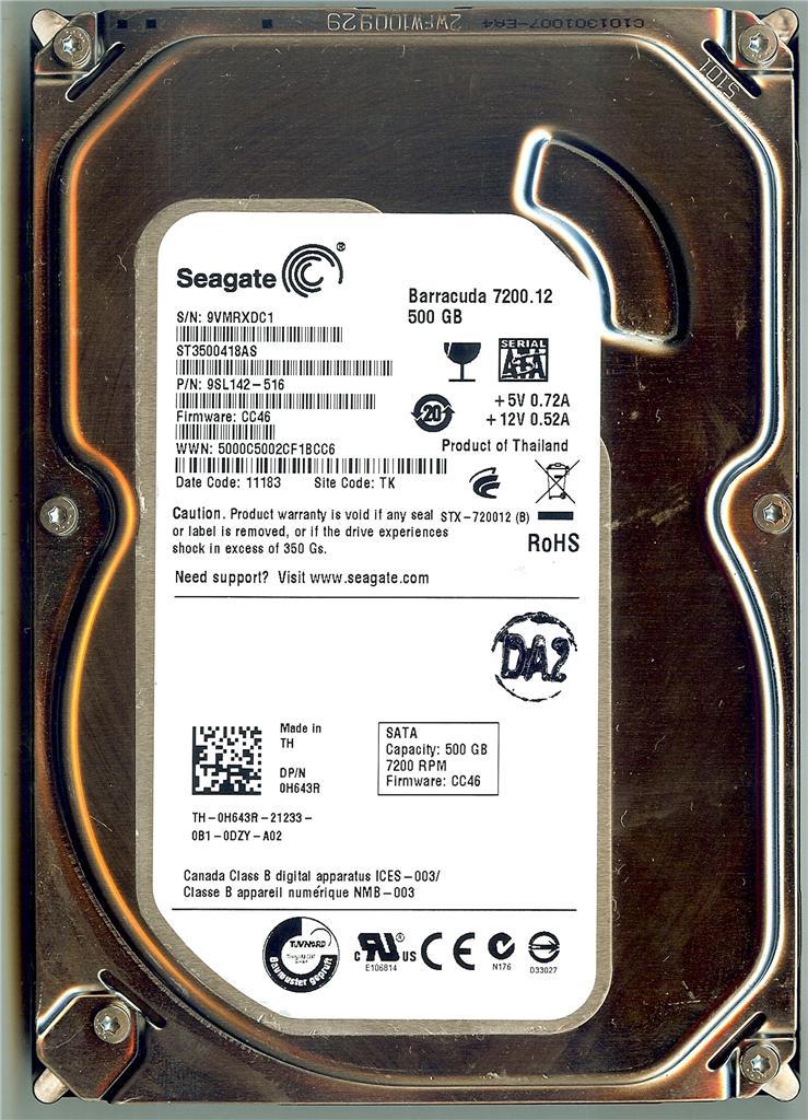 SEAGATE BARRACUDA ST3500418AS 500GB HARD DRIVE P/N: 9SL142-516 FW: CC46 TK